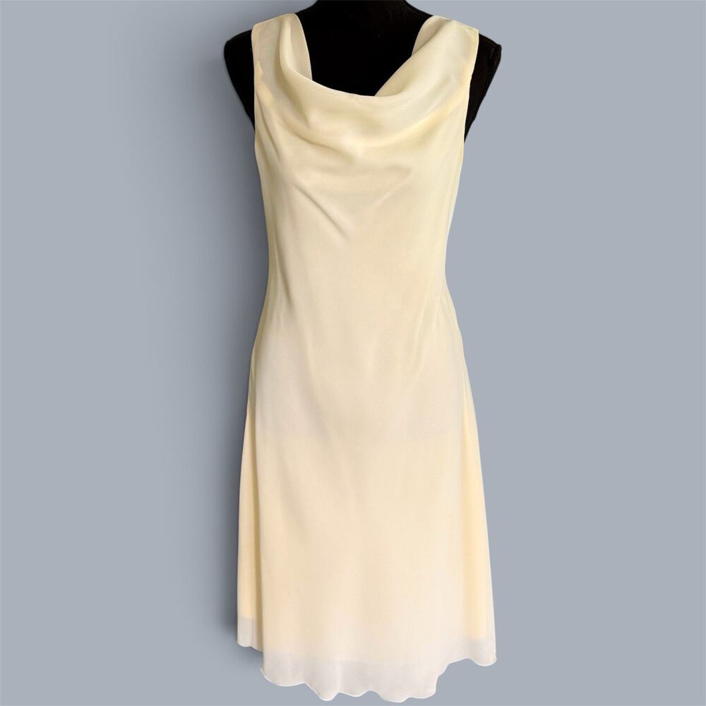 Vtg Dress Sz 11/12 Midi Chiffon Cowl Neck Fairy Y2K Pale Butter Yellow Hoco Slip
